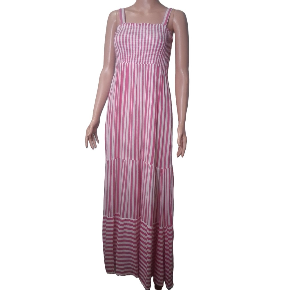 Raviya Women's Pink and White Striped Cover-Up Dress‎ Size Med with Pockets